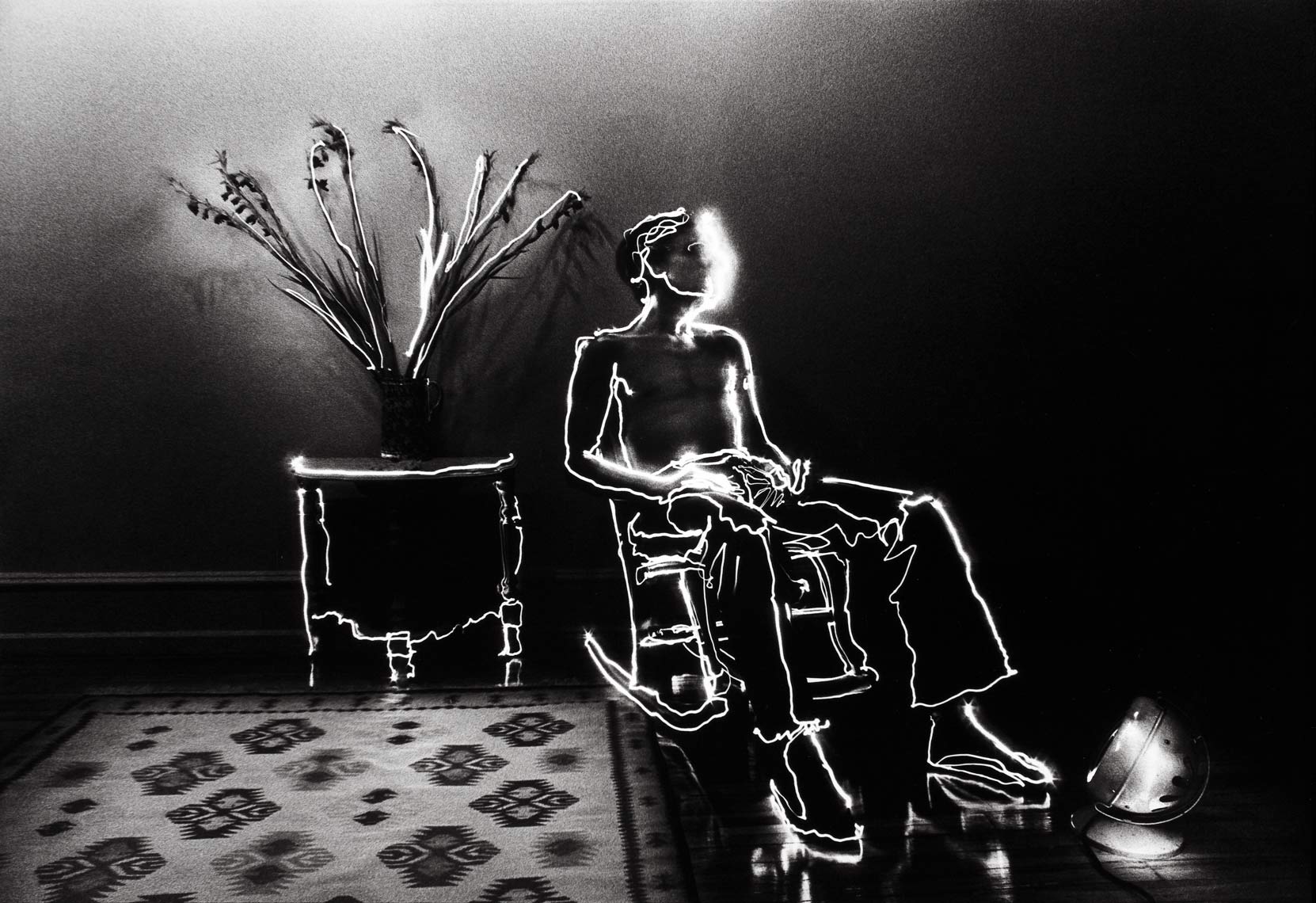 David Lebe; Barry In Rocker, 1979, light drawing, black and white photograph