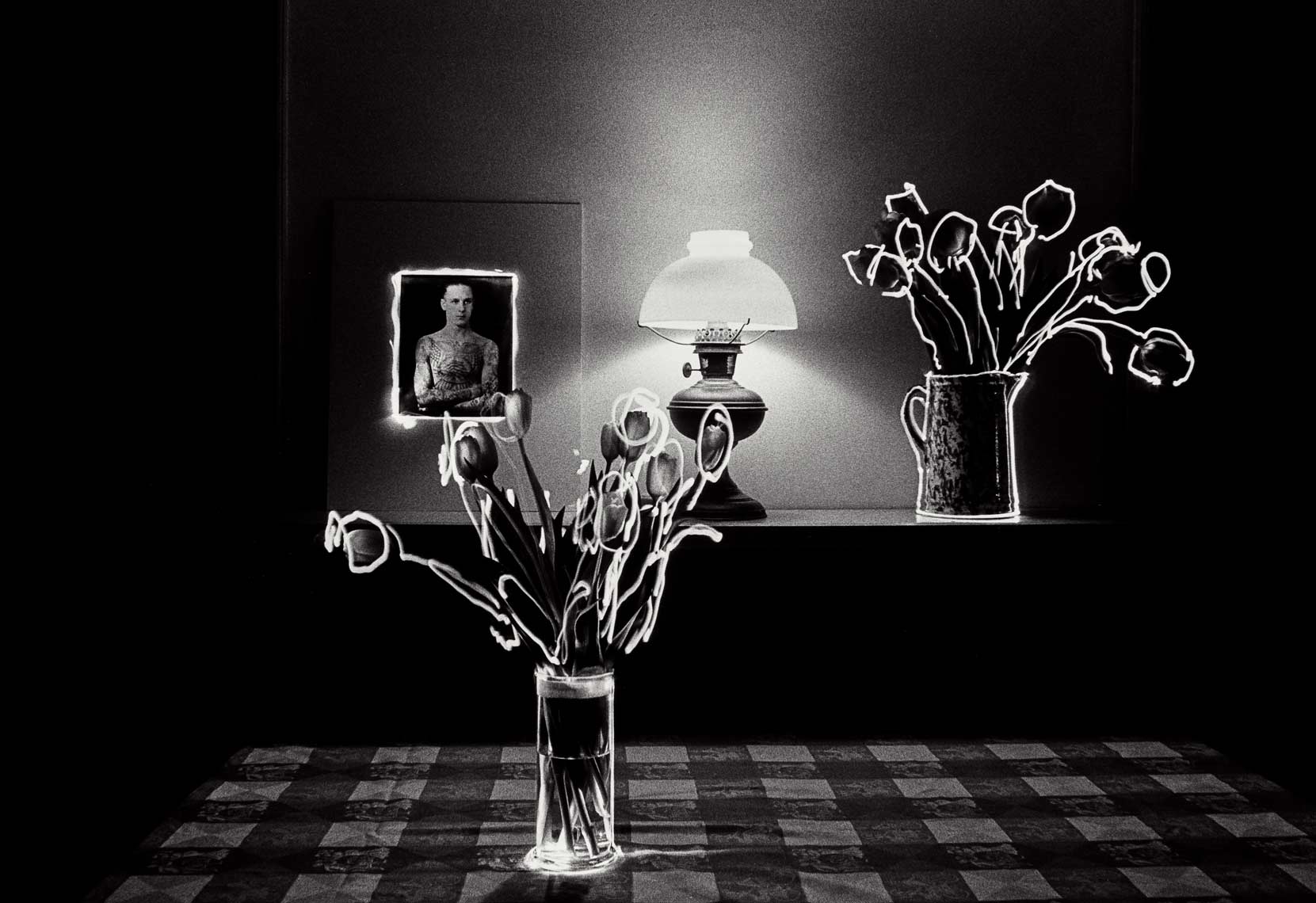David Lebe; Checked Cloth, 1982, light drawing, black and white photograph
