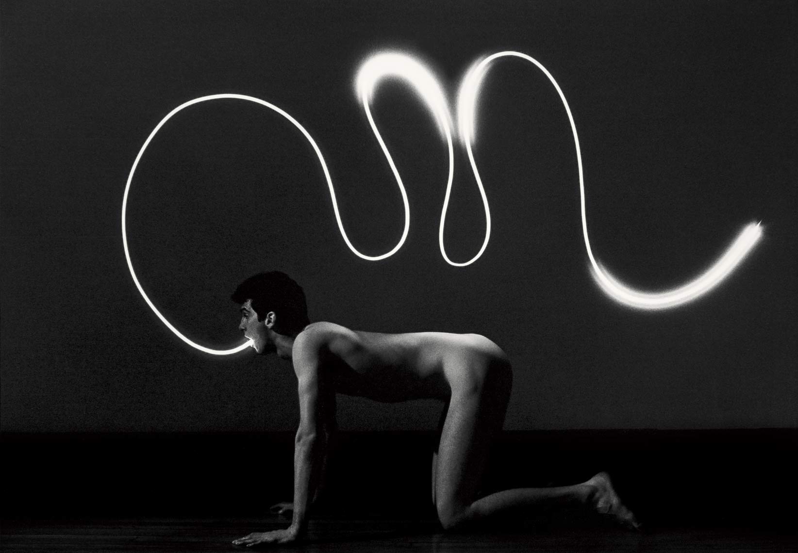 Dragon Boy, 1983, male nude, light drawing, black and white photograph