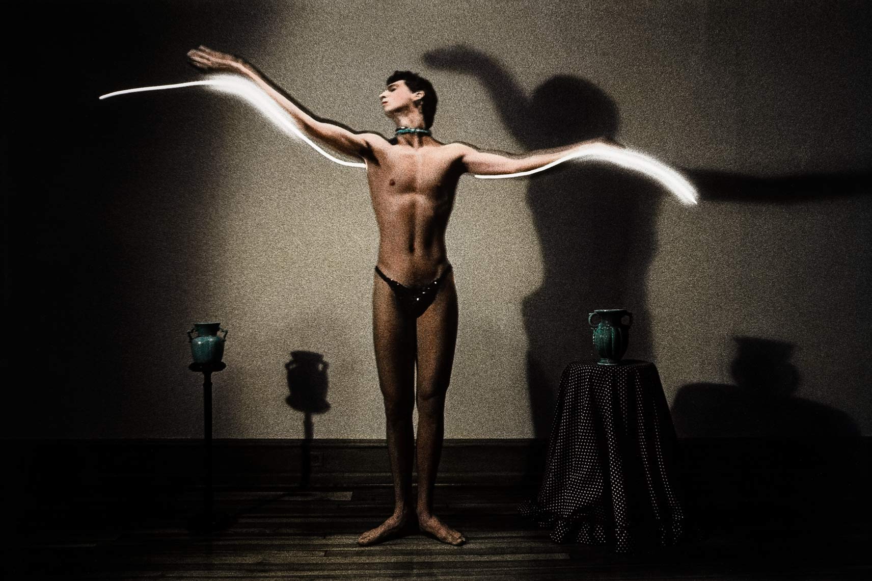 David Lebe; Flight, 1983, male nude, light drawing, hand colored photograph