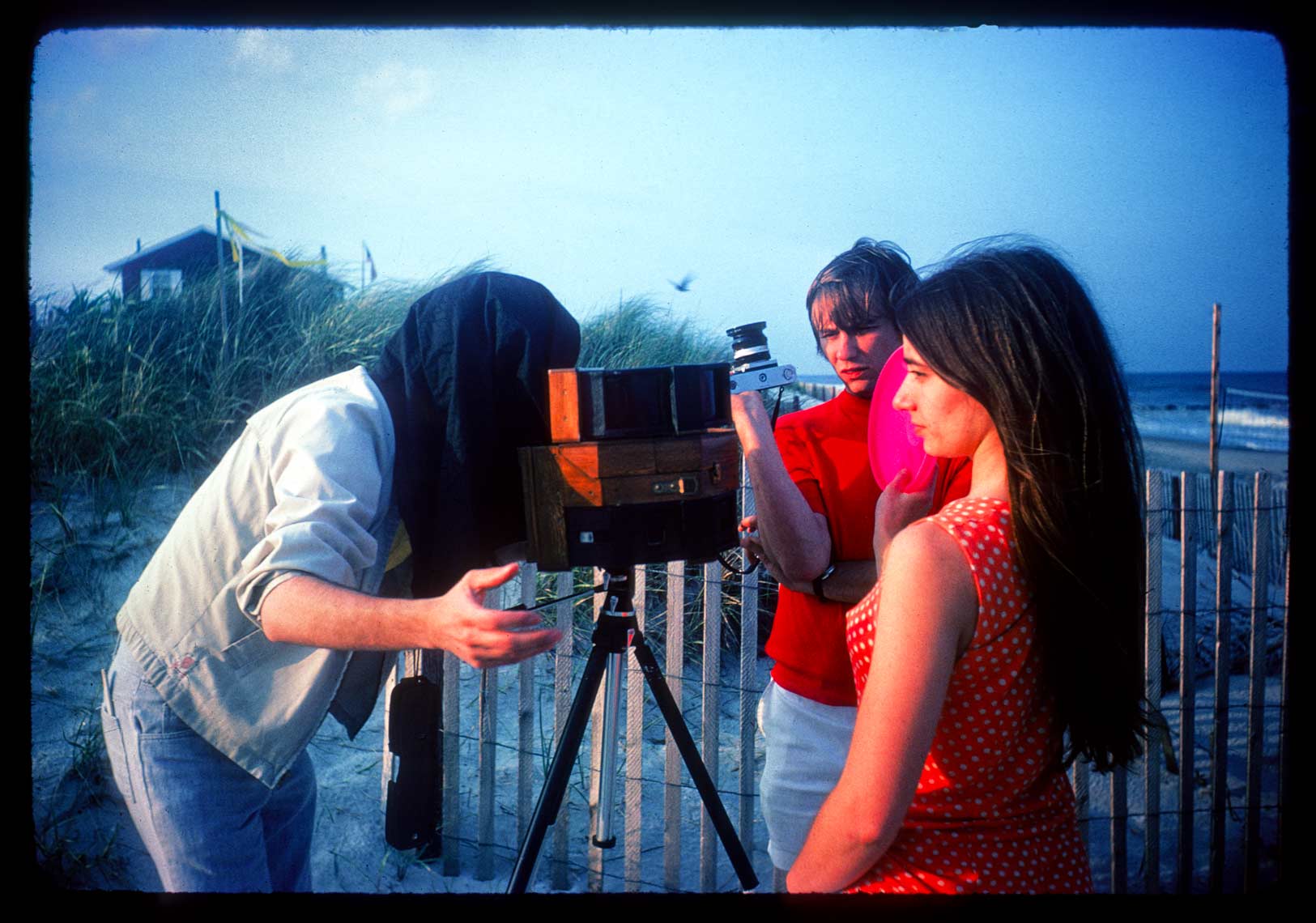 David Lebe using his four apature pinhole camera with viewfinder, 1975