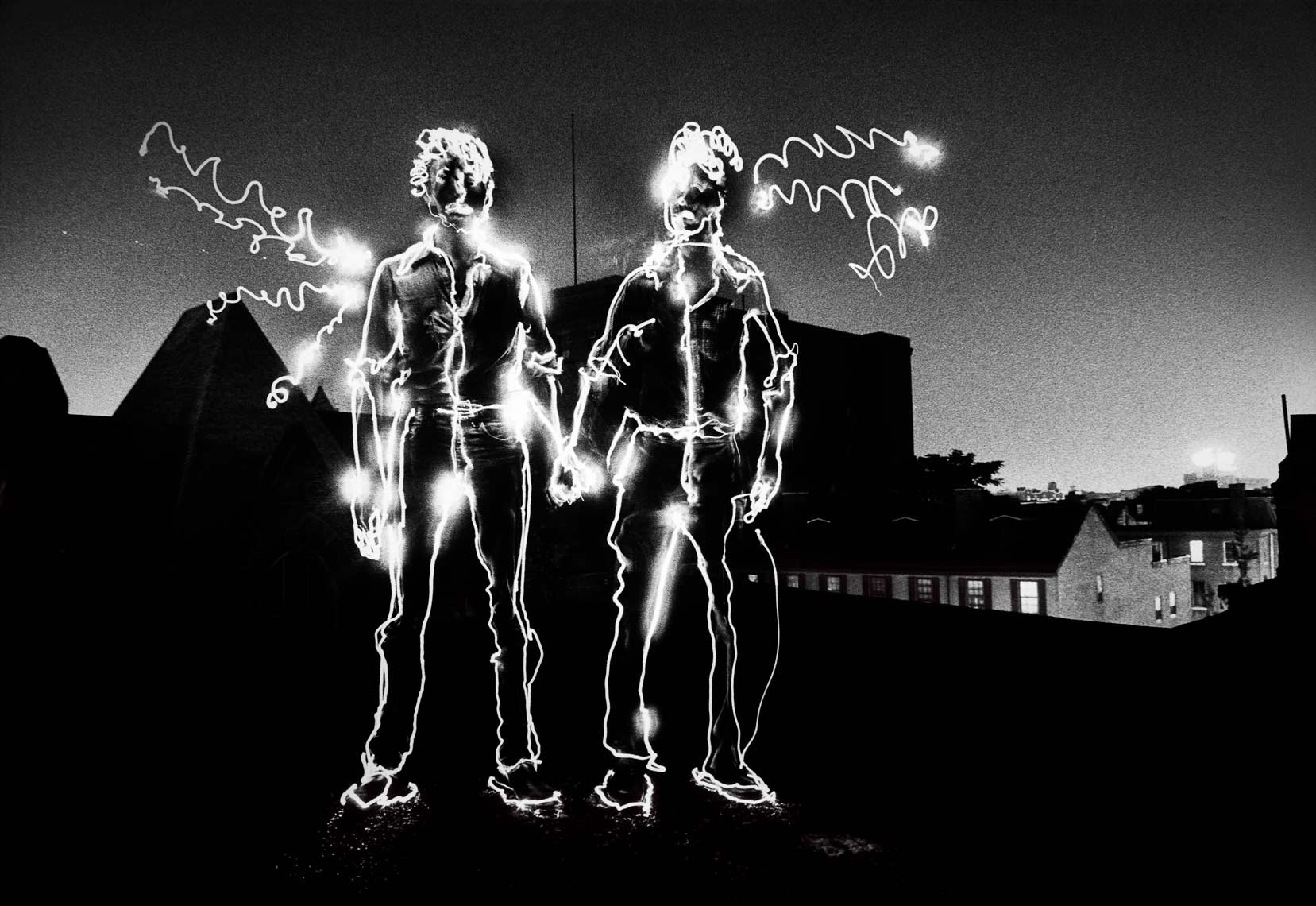 David Lebe; On The Roof With Angelo, 1979-B, light drawing, black and white photograph
