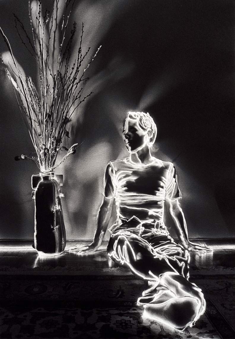 David Lebe; Pussy Willow Boy, 1981, light drawing, black and white photograph