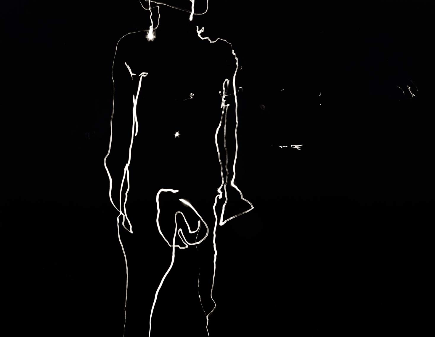 David Lebe; Self Portrait 1, 1976, male nude, light drawing, black and white photograph