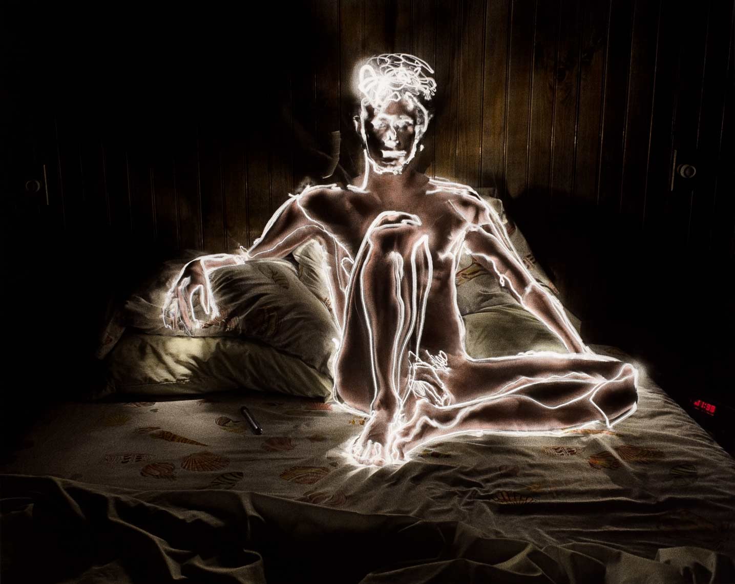 David Lebe; Self Portrait 11:98, 1981, male nude, light drawing, hand colored photograph