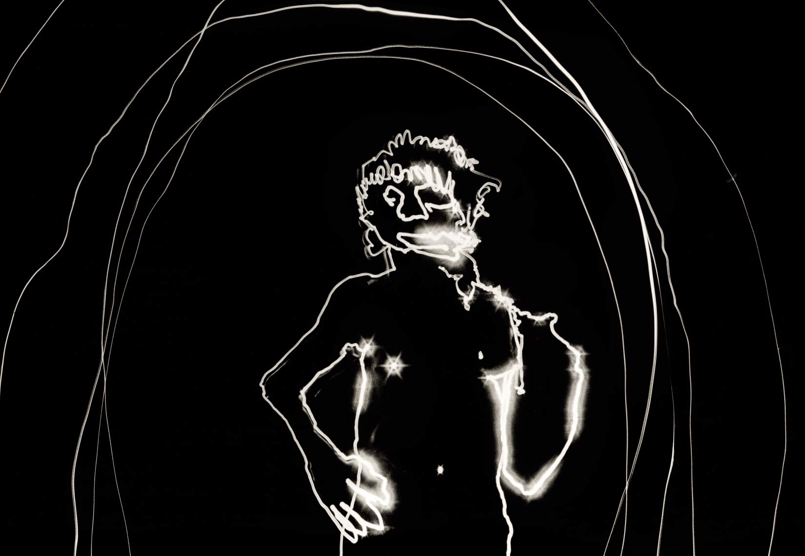David Lebe; Self Portrait 3, 1976, male nude, light drawing, black and white photograph