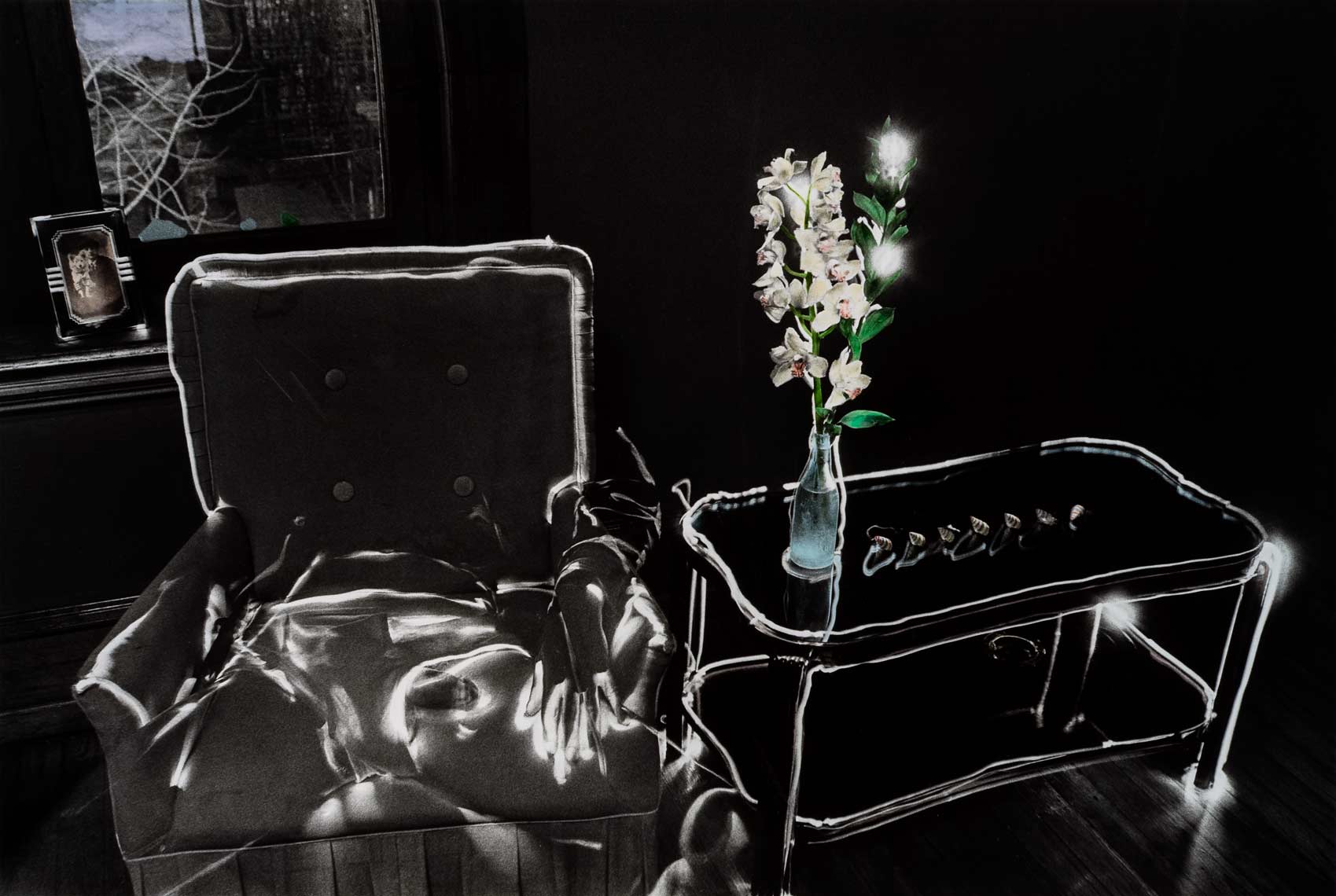David Lebe; Self Portrait with Orchid 1982, male nude, light drawing, hand colored photograph
