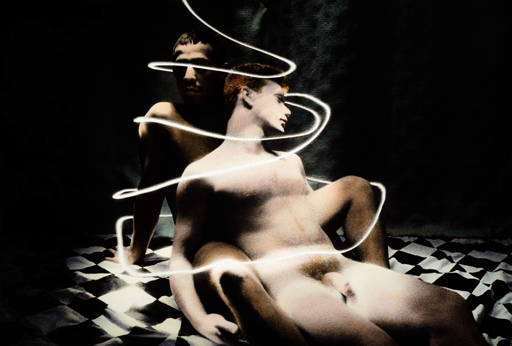David Lebe; Spiral, 1987, male nude, light drawing, hand colored photograph