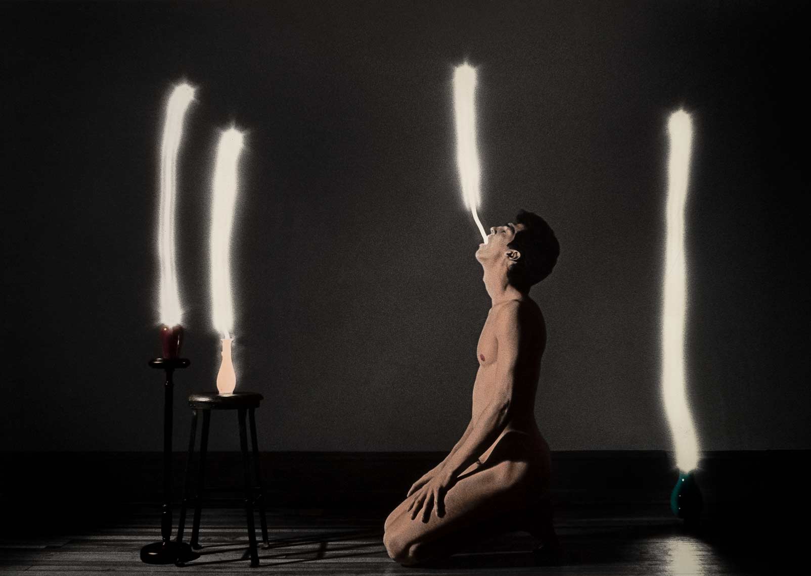 David Lebe; The Light Eater, 1983, male nude, light drawing, hand colored photograph