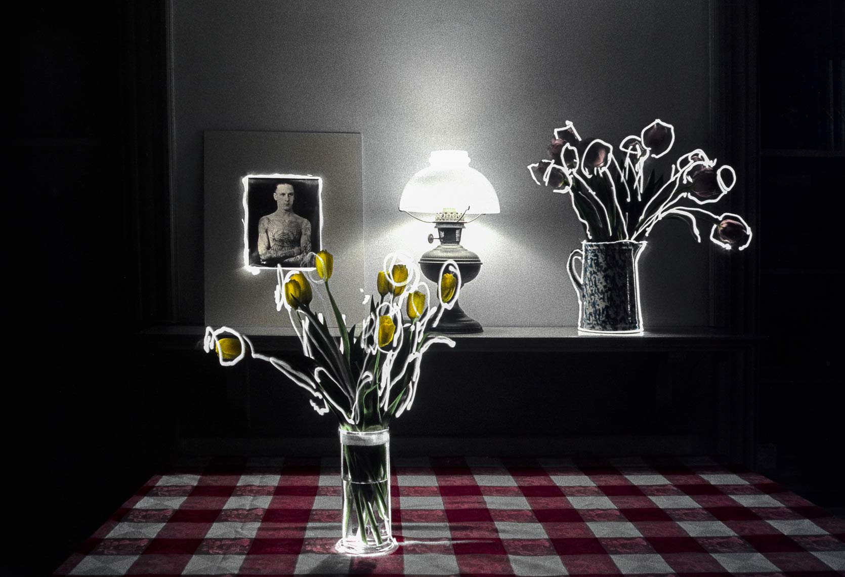 David Lebe; Tulips On Checkered Cloth, 1982, still life, light grawing, hand colored photograph