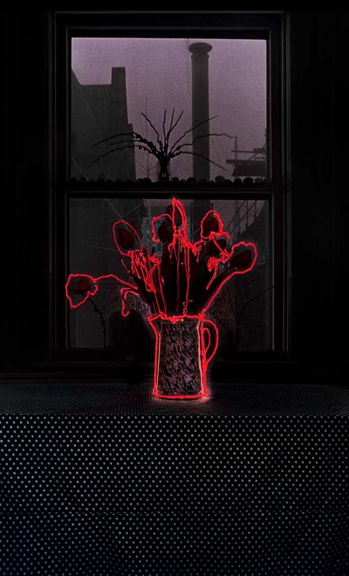 David Lebe; Tulips Outlined In Red, 1982, still life, light drawing, hand colored photograph