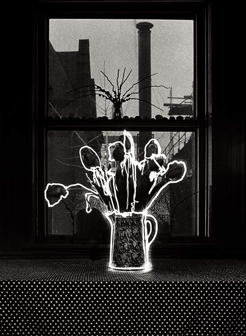 Tulips Outlnd In Light, 1982, light drawing, black and white photograph