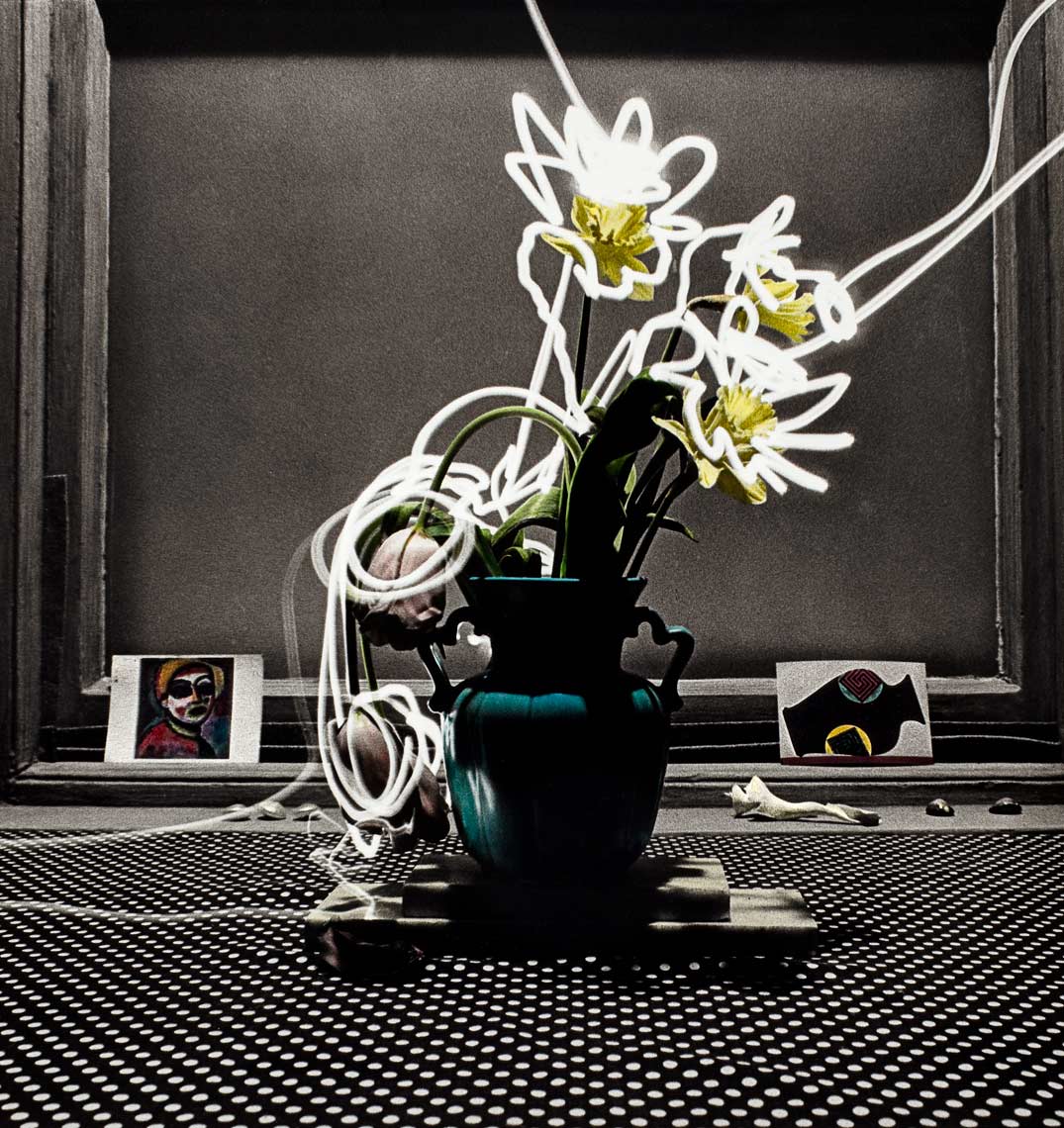 David Lebe; Tulips and Daffodils with Two Post Cards, 1982, still life, light drawing, hand colored photograph