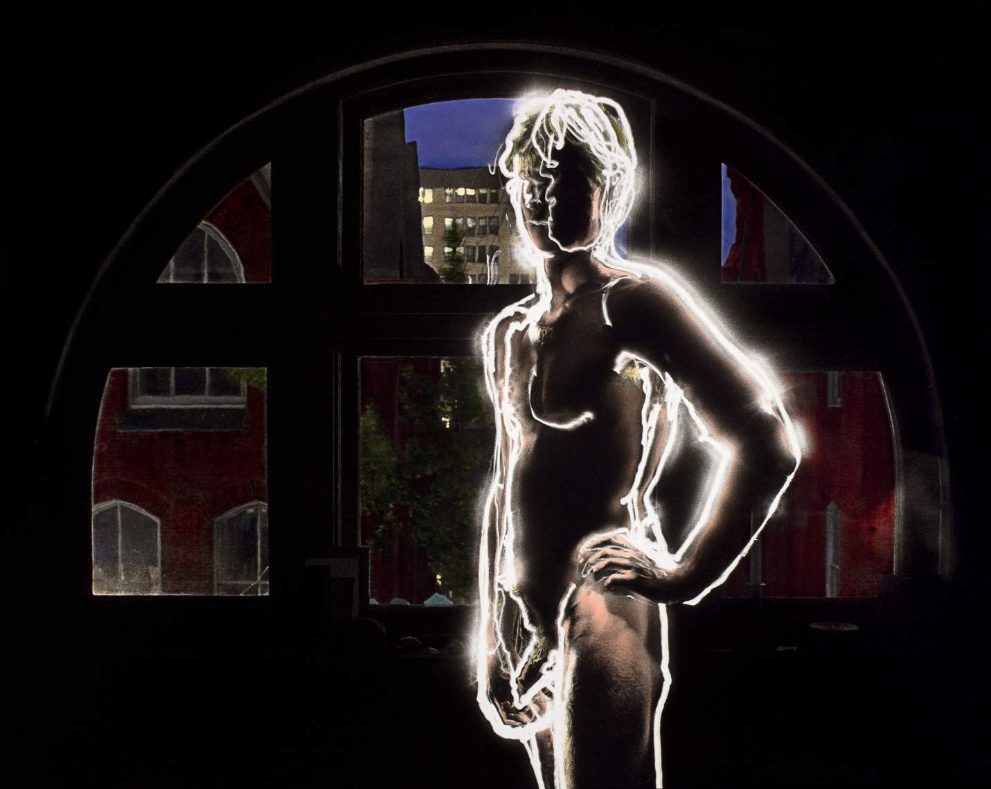 David Lebe; Wayne At The Window, 1980, male nude, light drawing, hand colored photograph